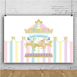AOFOTO 9x6ft Polyester Baby Girl Happy Birthday Backdrop Pink Striped Tent Merry-go-Round Golden Horses Carousel Background for Kids Bday Party Decoration Birthday Photo Studio Props No Wrinkle