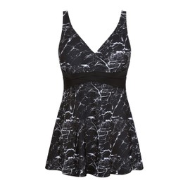 Septangle - Traje de baño de una pieza con falda, talla grande, traje de baño con control de abdomen, Negro y mármol, 10