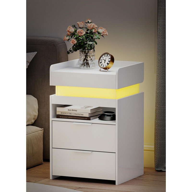 Turosur LED Night Stand with Gun Drawer, Smart Nightstand with