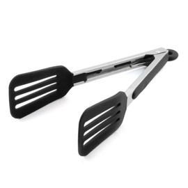 STARUBY Cooking Tong 9 inches Stainless Steel Kitchen Silicone Serving Tong Heat Resistant Meat Turner Spatula Tongs Fish Tongs with Locking Handle Joint (Black)