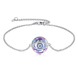 VONALA Round Evil Eye Crystal Crystal Anklet 925 Sterling Silver Purple Ankle Bracelet Adjustable Beach Foot Chain Jewellery Gifts for Women Girls