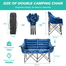 DoCred Double Camping Chair - Oversized Loveseat, 2 Person Camping Chair for Adults Heavy Duty,Two Person Folding Chair with Cup Holder, Supports up to 500 LBS for Outside Picnic Beach Travel