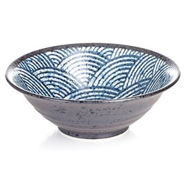 zen minded Japanese Ceramic Ramen Noodle Soup Bowl with Traditional Seikaiha Wave Pattern