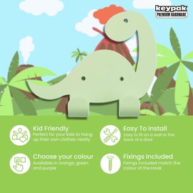 keypak Kids Dinosaur Double Coat Hooks, Door Wall Mounted Metal Decorative Hooks for Boys & Girls, Toddlers Bedroom or Baby Nursery - Colour Matching Fixings Included (Green)