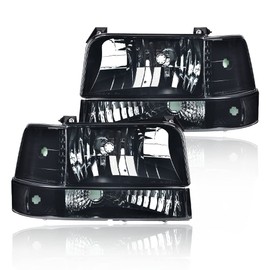 LQI Headlights w/Corner Signal Lamp & Bumper Lamps Compatible with 1992-1996 Ford F150 Bronco/Fit 1992-1997 Ford F250 F350 Smoke Black