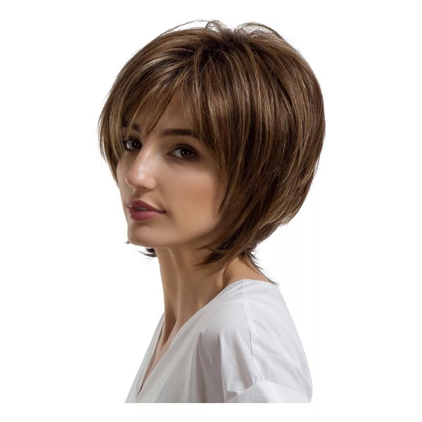 generic Peluca De Pelo Corto Marrón Natural Con Separación Lateral