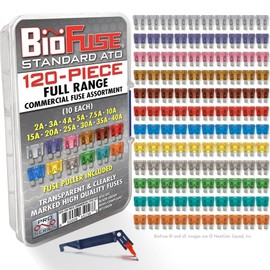 BioFuse 120 Piece Full Range Commercial Fuse Assortment: 120 Standard, ATO, ATC, ATS, APR Automotive Fuses 2A 3A 4A 5A 7.5A 10A 15A 20A 25A 30A 35A 40A, Fuse Puller