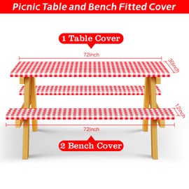 FEPITO 3 Pcs Table Cover with Bench Covers 30 x 72 Inch Picnic Vinyl Picnic Table and Bench Fitted Tablecloth Cover Red-White Plaid for Outdoor BBQ Holiday Party Camping