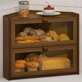 Corner Bread Box for Kitchen Countertop Bamboo Bread Holder Large