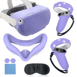 VR Cover Accessories Set Compatible with Meta Quest 2, MLemonVR Silicone VR Shell, Controller Grips & Face Cover, Button Caps, Lens Cover + Glasses Cloth Set for Quest 2 (Purple, for Quest 2)
