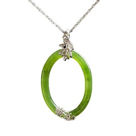 Unbranded 18" Sterling Silver & Genuine Nephrite Jade Oval Floral Pendant Necklace