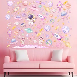 Kreatwow 2pcs Outer Space Wall Stickers for Girl Outer Space Wall Decorations Pink Astronaut Space Wall Decal Solar System Birthday Decoration Galaxy Rocket Wall Clings Stickers Space Party Home Decor