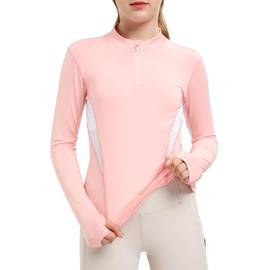 FitsT4 Sports Girls Long Sleeves Shirts Thumbhole English Horse Riding Shirt UPF50 Quick Dry Kids Equestrain Half Zip Jacket Pink Large