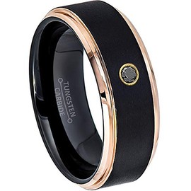 Jewelry Avalanche 0.07ct Black Diamond Tungsten Ring - 8MM Comfort Fit Matte 2-Tone Black & Rose Gold Stepped Edge Tungsten Carbide Wedding Band -9.5