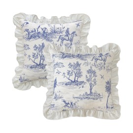 Rustic Throw Pillow Covers Set of 2 Classic French Village Printed Linen Fabric Decorative Pillow Cases Retro Ruffle Flounces Trim Square Cushion Case for Livingroom Sofa Decor Blue 22 x 22 Inch