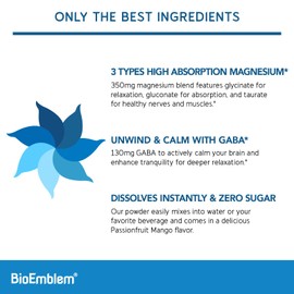 BioEmblem Triple Complex Magnesium Powder Drink - 350mg High Absorption Magnesium Glycinate, Gluconate, Taurate & GABA for Rest, Sleep, & Brain Health - Passionfruit Mango Flavor - Vegan(90 Servings)