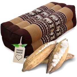 livasia Block Yoga Cushion, Square, Meditation Cushion with Kapok, Support Cushion, Bolster Rectangular, Yoga Pilates Accessories, Neck Cushion, Thai Cushion, Firm Handmade, 17 x 34 x 12 cm (Brown/Elephants)