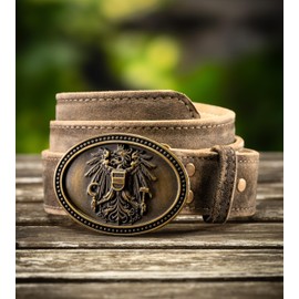 Schöneberger Trachten Couture Men's Costume Belt Austria, Lederhosen Belt with Austria Eagle Buckle, Leather Belt Made of Wild Buck Leather, Falco, Peat Brown