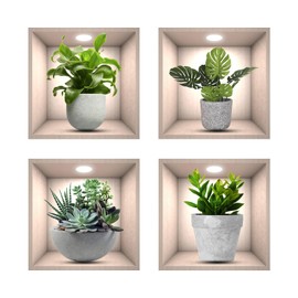 Plant Wall Stickers, 4pcs Realistic Green Potted Plant Waterproof Wall Art Stickers 3D Vinyl Removable Wall Sticker for Living Room Bedroom Bathroom Kitchen Office Decor