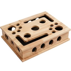 Large&Thicken Oak Cat Nail File Scratcher Puzzle Box,High-Density Furniture Grade Oak,Porous Design,Stimulate Cat Exploratory &Slow Down Eat Speed;Built in Frosted Paper,Polish Their Nail While Play