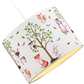 Cute Woodland Animals Round Lamp Shade in Cotton Fabric - Treed Foxes Owls and Rabbits | 25cm Diameter | 60w Maximum | Inner Cream Cotton Lining by Happy Homewares