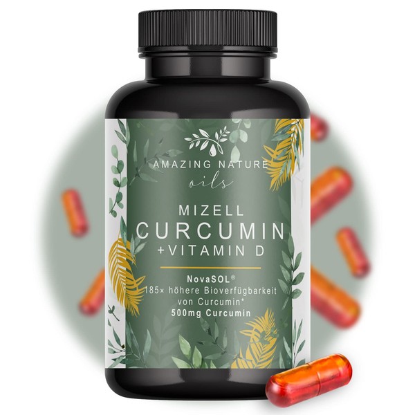 Amazing Nature® Micellar Curcumin with Vitamin D and C - NovaSOL Turmeric Capsules High Dose 1 Capsule Daily with 185x Higher Available Turmeric without Piperine 1 x 60 Premium Liquid Turmeric