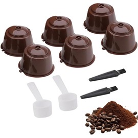 CJQRL 6 Pack Refillable Capsules Compatible with NES-presso Reusable Coffee Capsules for NES-Presso with Coffee Spoon with Brush for NES-Presso Machines, Filter, Brown