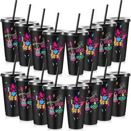 Uiifan 16 Pcs 50's Party Decorations 1950's Reusable Cups with Lids and Straws 24 oz Rock Sock Hop Supplies for 1950s Music Rocking Party Supplies