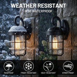 Starcurin Outdoor Wall Light Fixtures for House, Black Outdoor Porch Lights Wall Mount with Clear Glass, Industrial Lantern Cage Exterior Lighting Fixtures for Front Door, Garage, Patio, Set of 2
