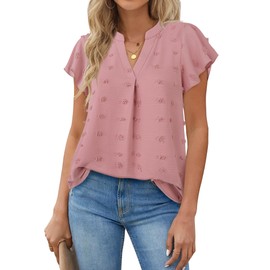 Gaharu Business Casual Tops for Women Summer Tops Dressy Casual 2024 Office Shirts V Neck Ruffle Short Sleeve Blouse Pink,L