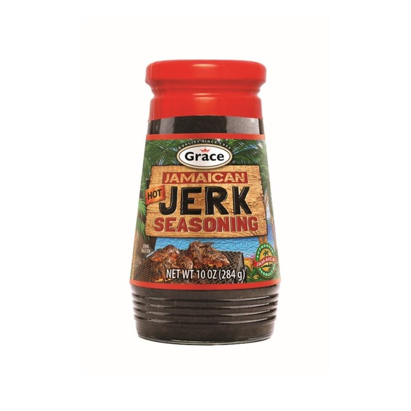 Grace Jerk Seasoning - Hot - 1 Bottle 10 oz - Spicy Authentic Jamaican Jerk Sauce - Caribbean Marinade Rub for Chicken, Pork, Fish, Vegetables, Steak, Tofu and More - Bonus Jerk Cooking Recipe eBook