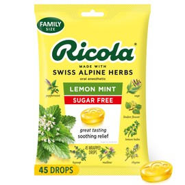 Ricola Sugar Free Lemon Mint Throat Drops, 45 Count, Refreshing Relief From Minor Throat Irritations, Oral Anesthetic
