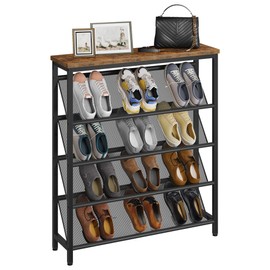 CHOEZON Shoe Rack, 5-Tier Slanted Shoe Storage Shelf, Narrow Shoe Rack for Entryway, Shoe Organizer with Adjustable Feet, Slim Shoe Shelf with Wooden Top and Metal Frame Rustic Brown and Black TXJ02BF