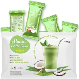 Matcha Cocos Latte Mix – Senza zuccheri aggiunti | Matcha & noce di cocco| Leggermente dolcificato con stevia | Bustine monodose (10x40g) | Latte naturale e cremoso (400g)