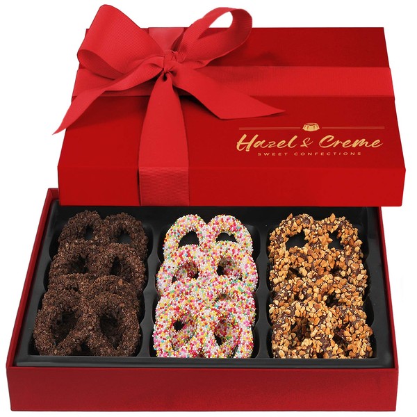 Hazel & Creme Chocolate Covered Pretzel Gift Box - Easter Gourmet Pretzels - Food Gift - Anniversary, Birthday, Corporate, Holiday Gourmet Gift