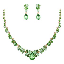 EVER FAITH Rhinestone Crystal Luxury Banquet Ball Floral Waterdrop Necklace Earrings Set Green Gold-Tone