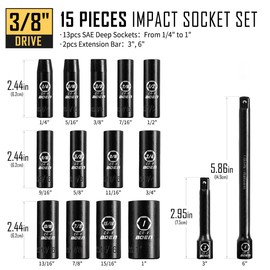 BOEN 3/8" Drive Deep Impact Socket Set, 15 Piece SAE Socket Set 1/4" to 1", Includes 3", 6" Extension Bars, 6 Point Design, Cr-V Steel, Heavy Duty Storage Case