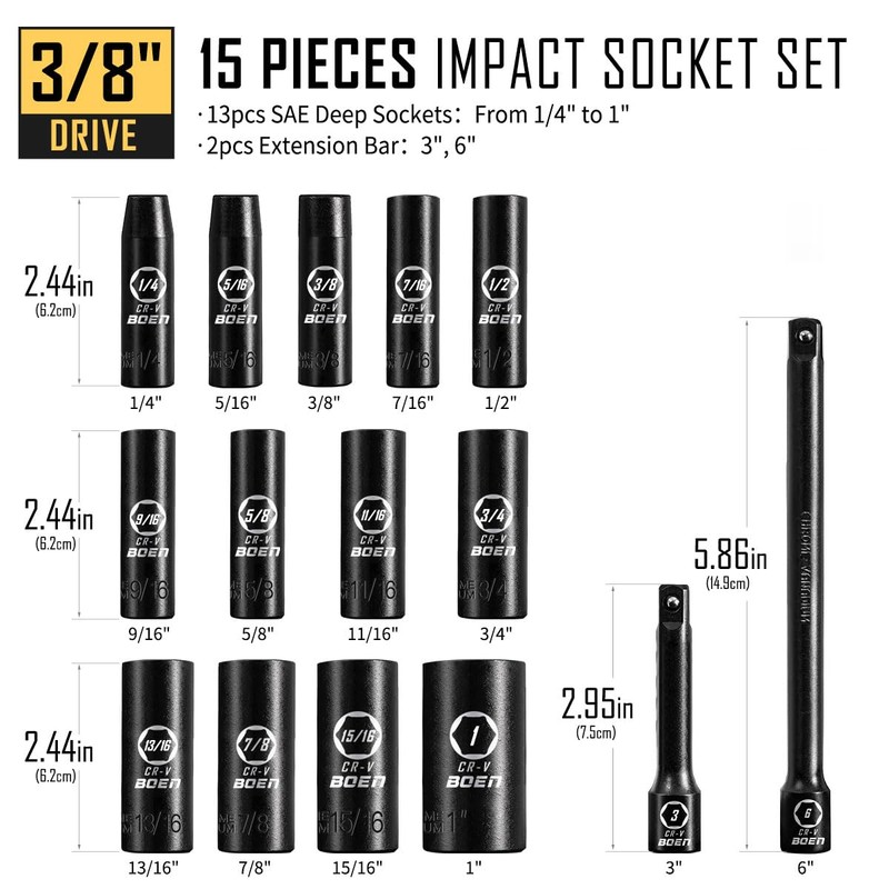 BOEN 3/8" Drive Deep Impact Socket Set, 15 Piece SAE