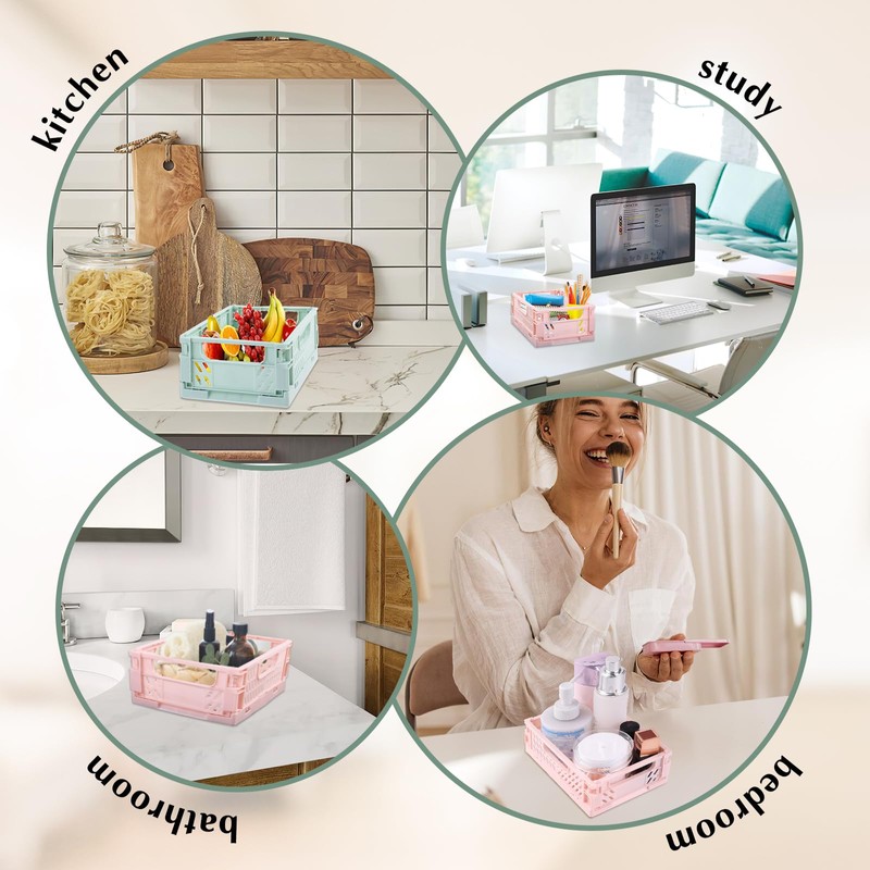 Jeffdad 3 Pack Pastel Crates, Collapsible Plastic Storage Baskets Mini