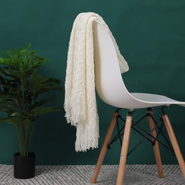 PiccoCasa 100% Acrylic Knit Throw Blanket Wave Pattern Soft Lightweight Decorative Knitted Blanket with Tassels Fringe for Couch, Bed, Sofa, Travel, 50x60 Inch, Cream White