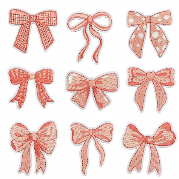9 Pcs Pink Bow Iron on Patches Plaid Polka Dot