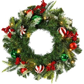 Yinns 20 Inche Large Christmas Wreath with Light, Pre-Lit Christmas Wreath for Front Door, Christmas Wreath with LED Lights for Indoor Outdoor Window Fireplace Home Decoration