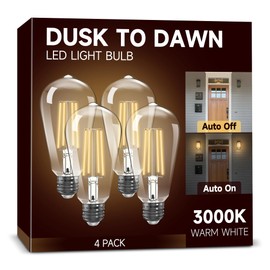 Dusk to Dawn Light Bulbs: Outdoor Light Bulbs, 6W Equivalent 60W Edison Bulbs, 3000K Warm White, Vintage 600LM LED Outdoor Lighting, E26 Base, Photocell Sensor, Automatic Bulb for Porch Patio, 4 Pack