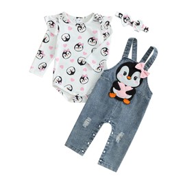 Newborn Baby Girl Outfits Penguin Print Long Sleeve Romper and Overall Pant Clothes Set 3PCS (White, 0-3 Months)