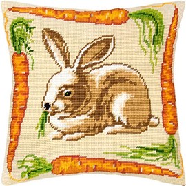 Brvsk Rabbit with Carrots. Stamped Cross-Stitch Kit w/Printed Tapestry Canvas (40 × 40 cm) — Stamped Cross-Stitch Cushion Kit for Creative Home Décor — Needlework Kit for Adult Beginners