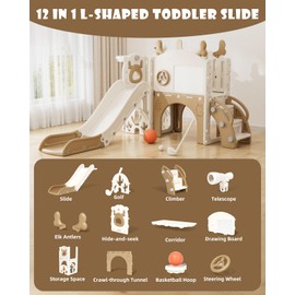 XJD Toddler Slide,12 in 1 Kids Slide for Toddlers 1-3, New Upgrade with Golf Set, Basketball Hoop, Drawing Board for Indoor Outdoor Playset,Toddler Playground (Brown)