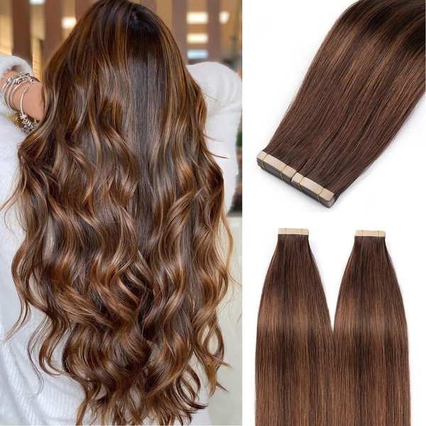 Hotlulana Tape-In Real Hair Extensions, 40 Pieces, 80 g, Dark Brown Mixed Chestnut Brown, Remy Extensions, Real Hair Tape Ins, Seamless Skin Weft, Straight Real Hair Extensions Real Hair (14 Inches,