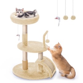 Goozii Large Cat Tree Tower with Scratching Post, Modern Kitten Tower for Indoor Cats, 32 Inch Tall Carpet Sisal Cat Scratcher Stand with Big Bed Perch,Scratch Ramp, Ball Toy for Kitty (Beige)