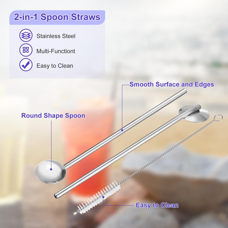 QUARKZMAN 4 x Stainless Steel Straws Spoons 7.7 Inch Reusable