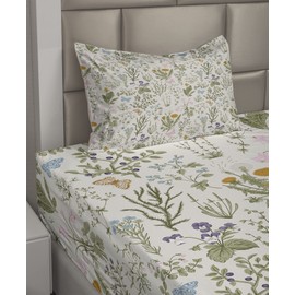 Ambesonne Floral Sheet Set, Vintage Garden Plants Herbs Flowers Botanical Classic Design Art, Fitted and Flat Sheet with Pillowcase Bedding Accent 3 Piece Set, Twin, Sage Green